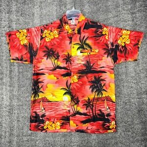 Rima Mens Caribbean Shirt Size M Hawaiian Orange Tropical Palm Tree Beach Sunset